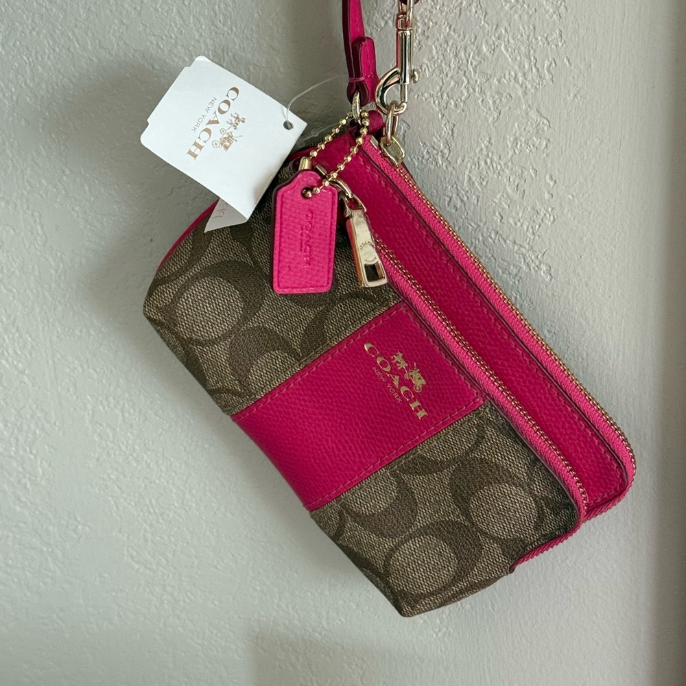 Coach Signature Pink and Brown Clutch with Gold Hardware